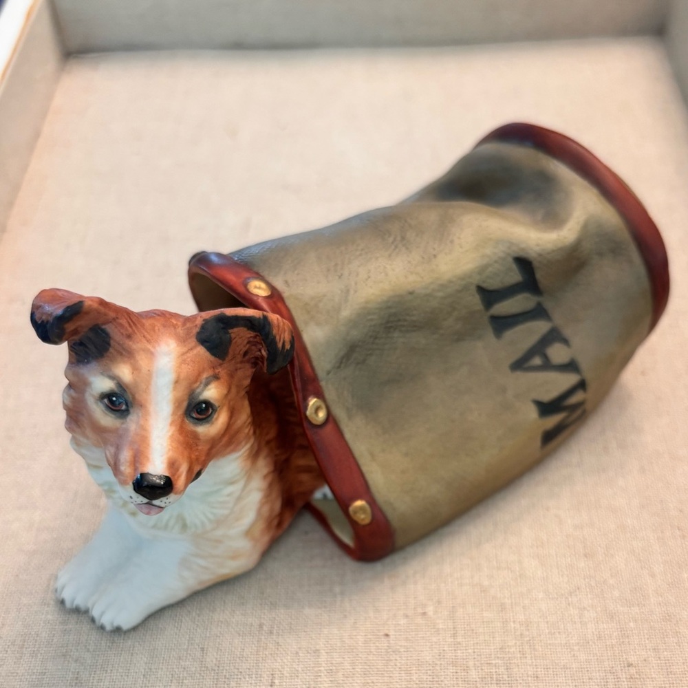 Princeton Gallery "Special Delivery" Collie Dog Figurine, Mail Bag, Playful Pup